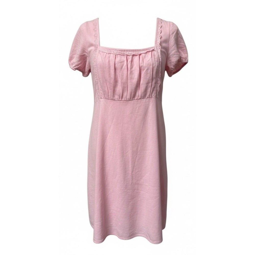Hollister Dress XL Milkmaid Puff Sleeve Smocked Short Eyelet‎ Lace Y2K NWT Pink